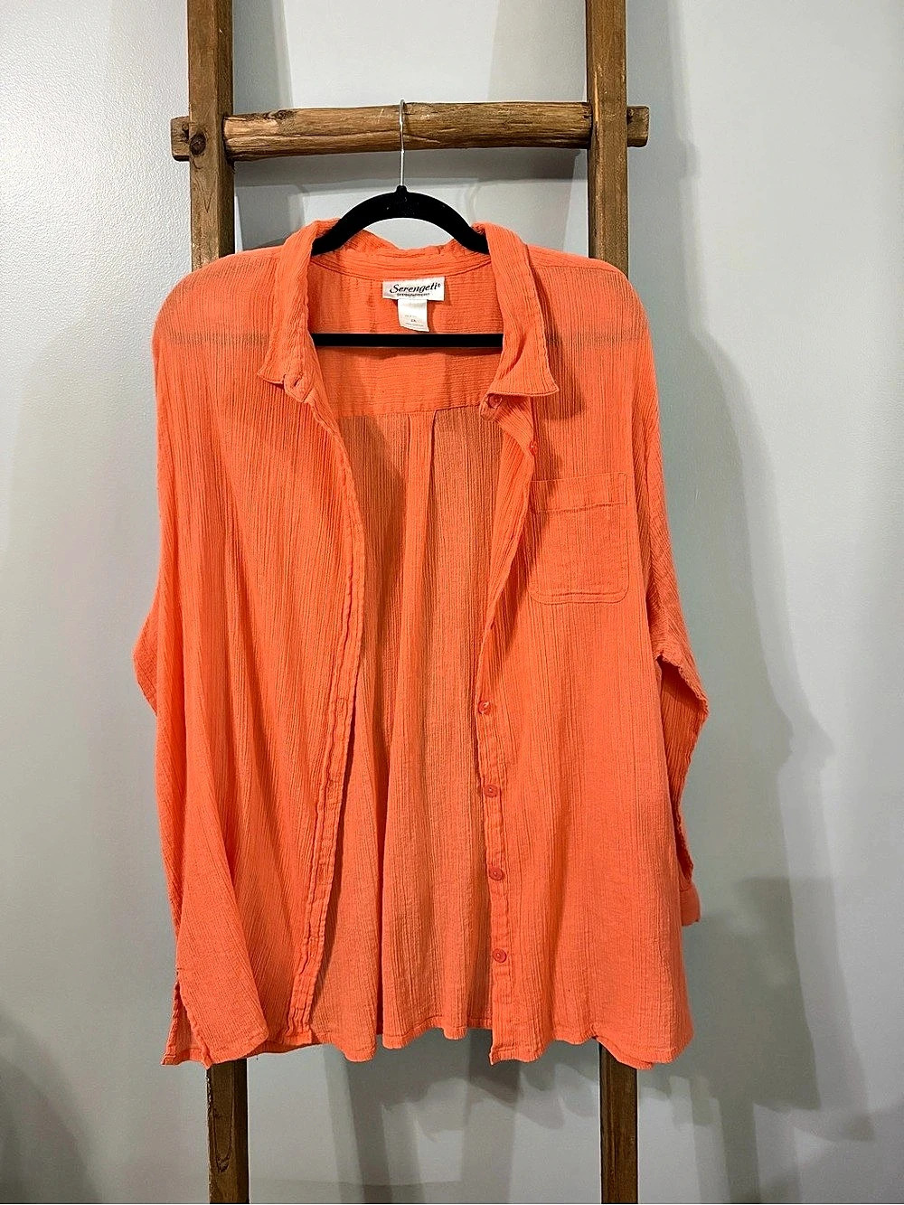 Serengeti Women's Vibrant Orange/Coral Crinkle Cotton Gauze Button Down Tunic Si